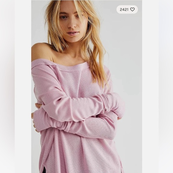 We the Free Pink Waffle Oversized Long Sleeve Slouchy Blouse Size Small - Picture 8 of 8